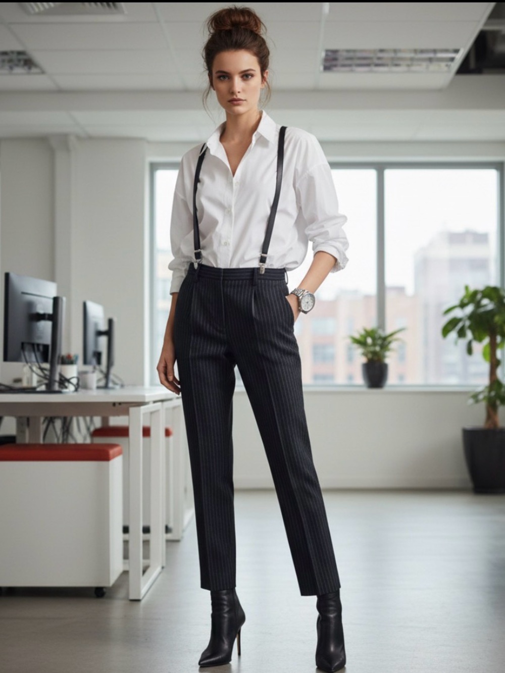 • Narcisco Rodriguez • AEFFE SPA BLACK WOOL PIN STRIPED ANKLE PANTS SZ 8
